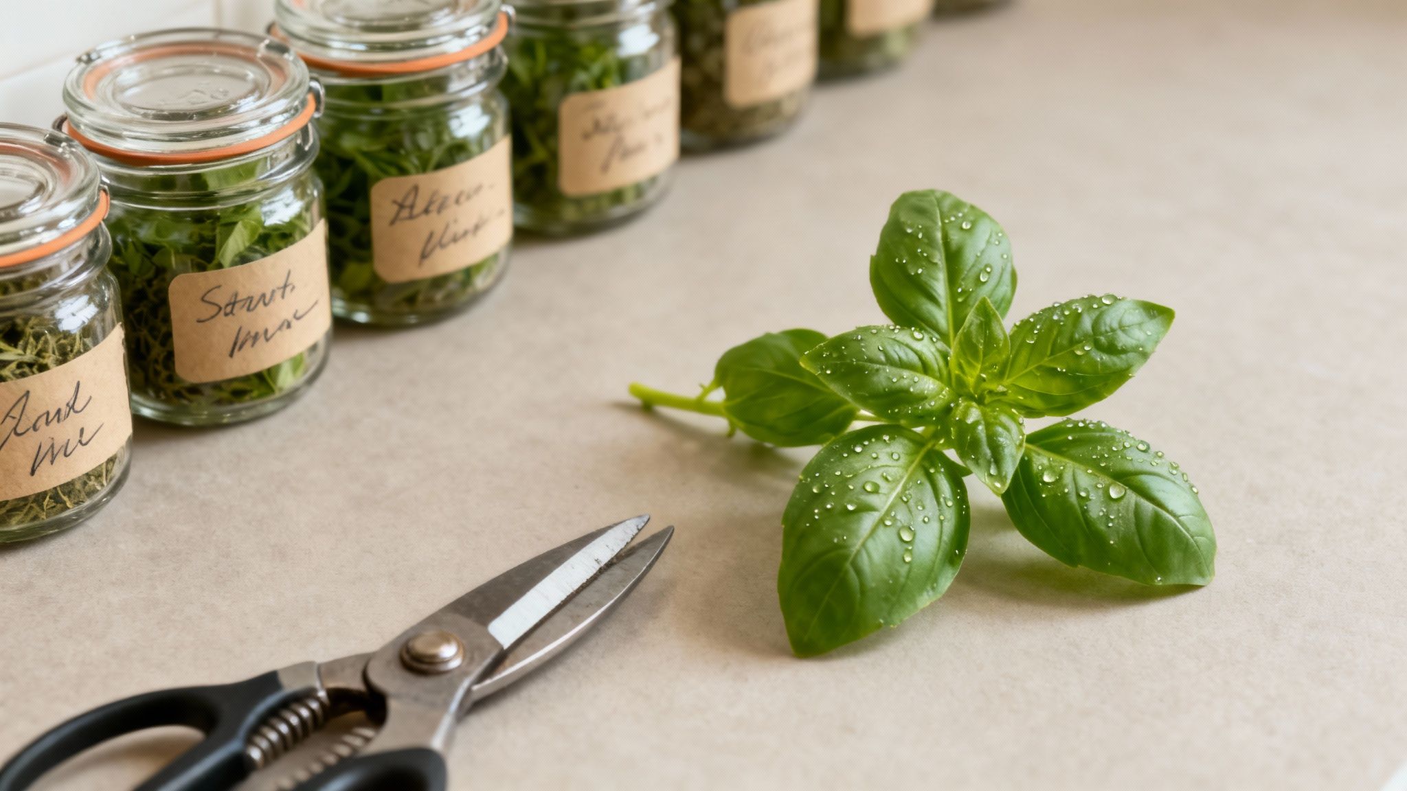 Fresh basil leaves beside kitchen scissors and glass jars of dried herbs with labels