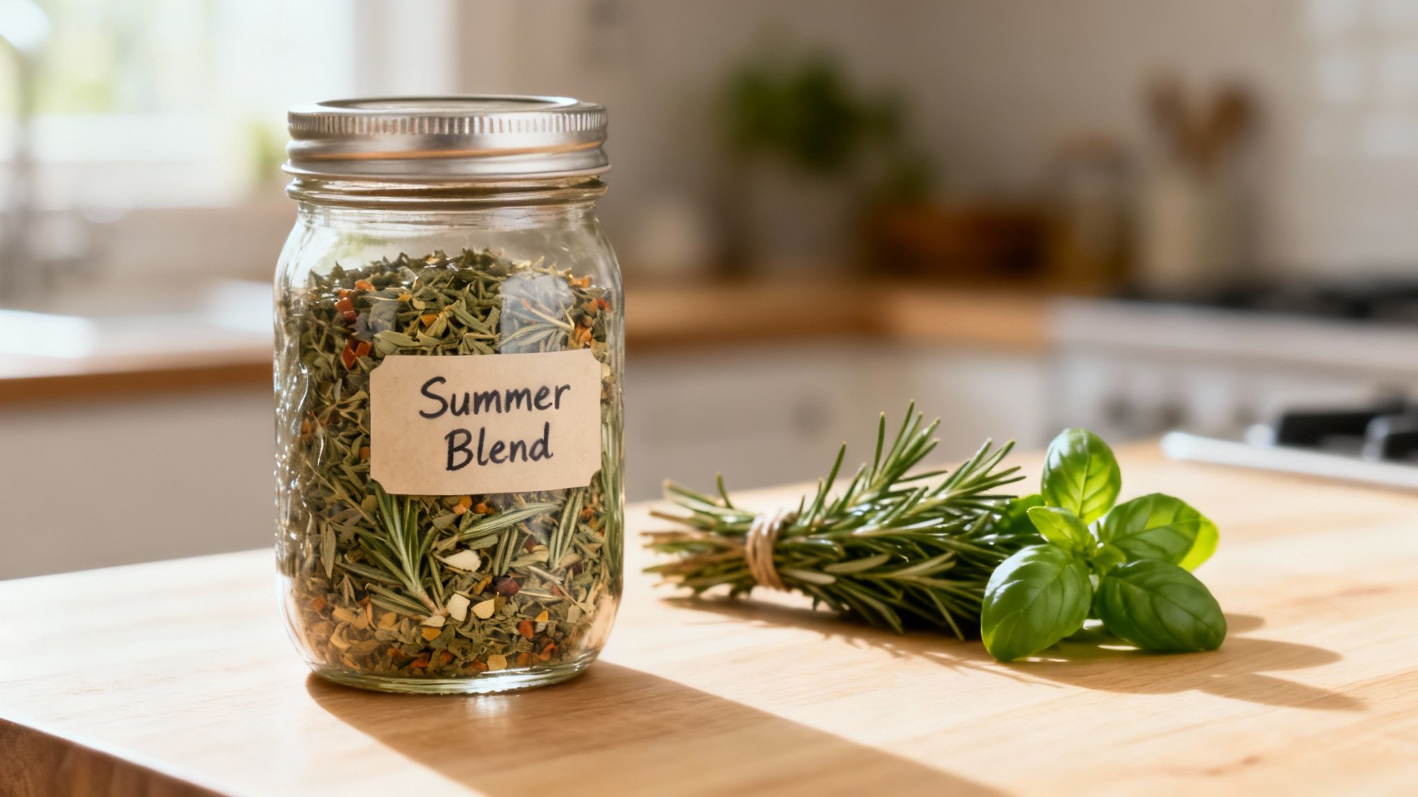 Glass jar labeled Summer Blend filled with dried herbs next to fresh rosemary and basil