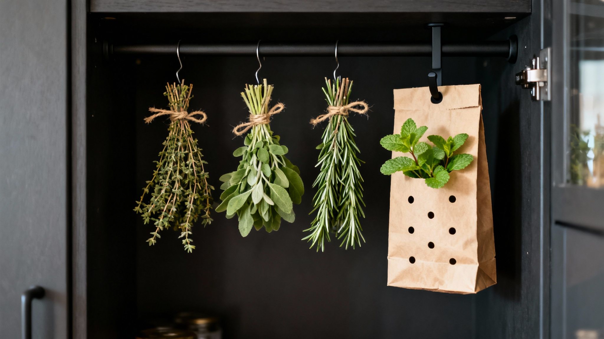 Fresh herbs hanging upside down from hooks and paper bag on black cabinet for air drying