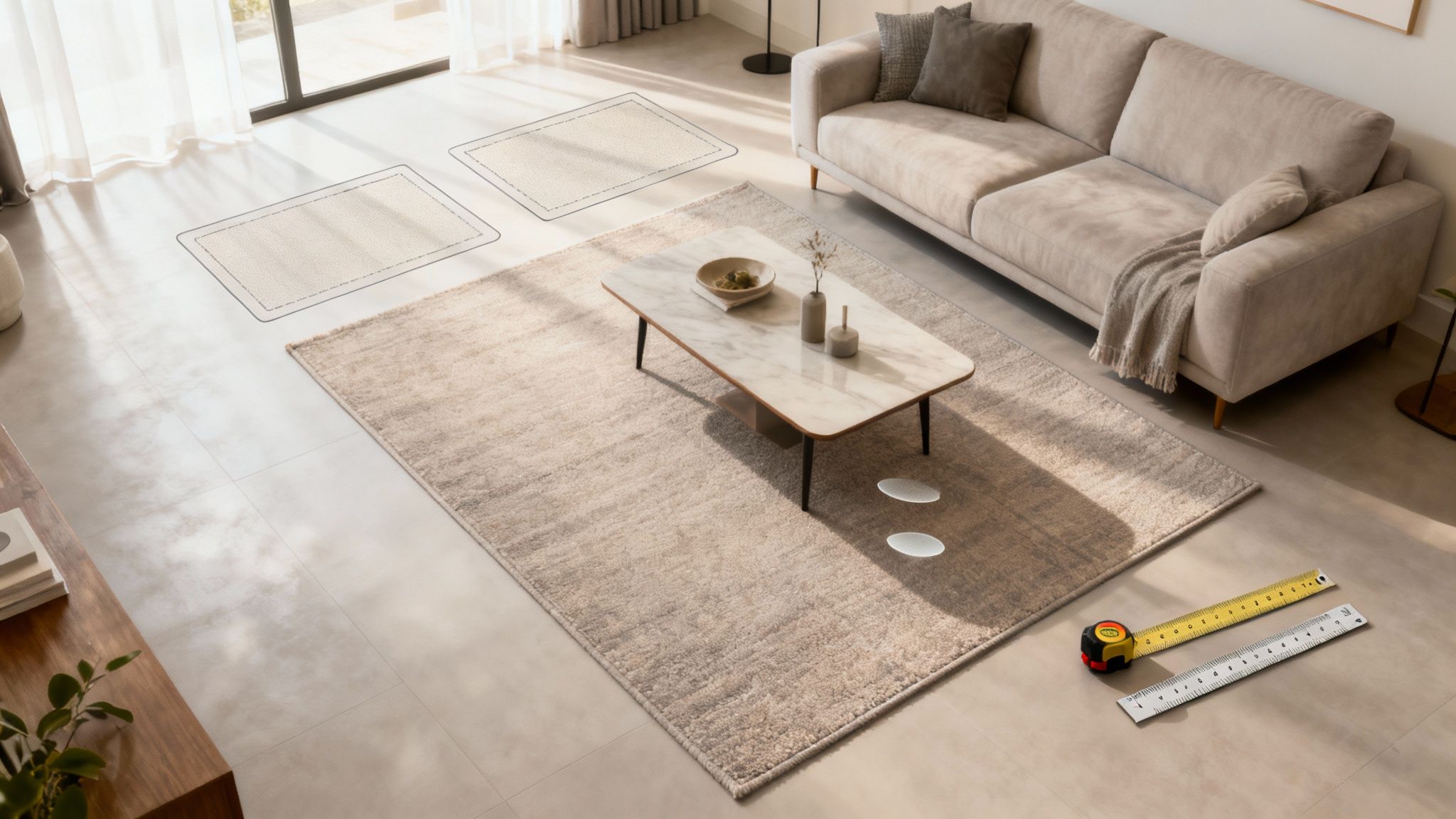 Modern living room with beige area rug, coffee table, sofa, and measuring tools for rug sizing