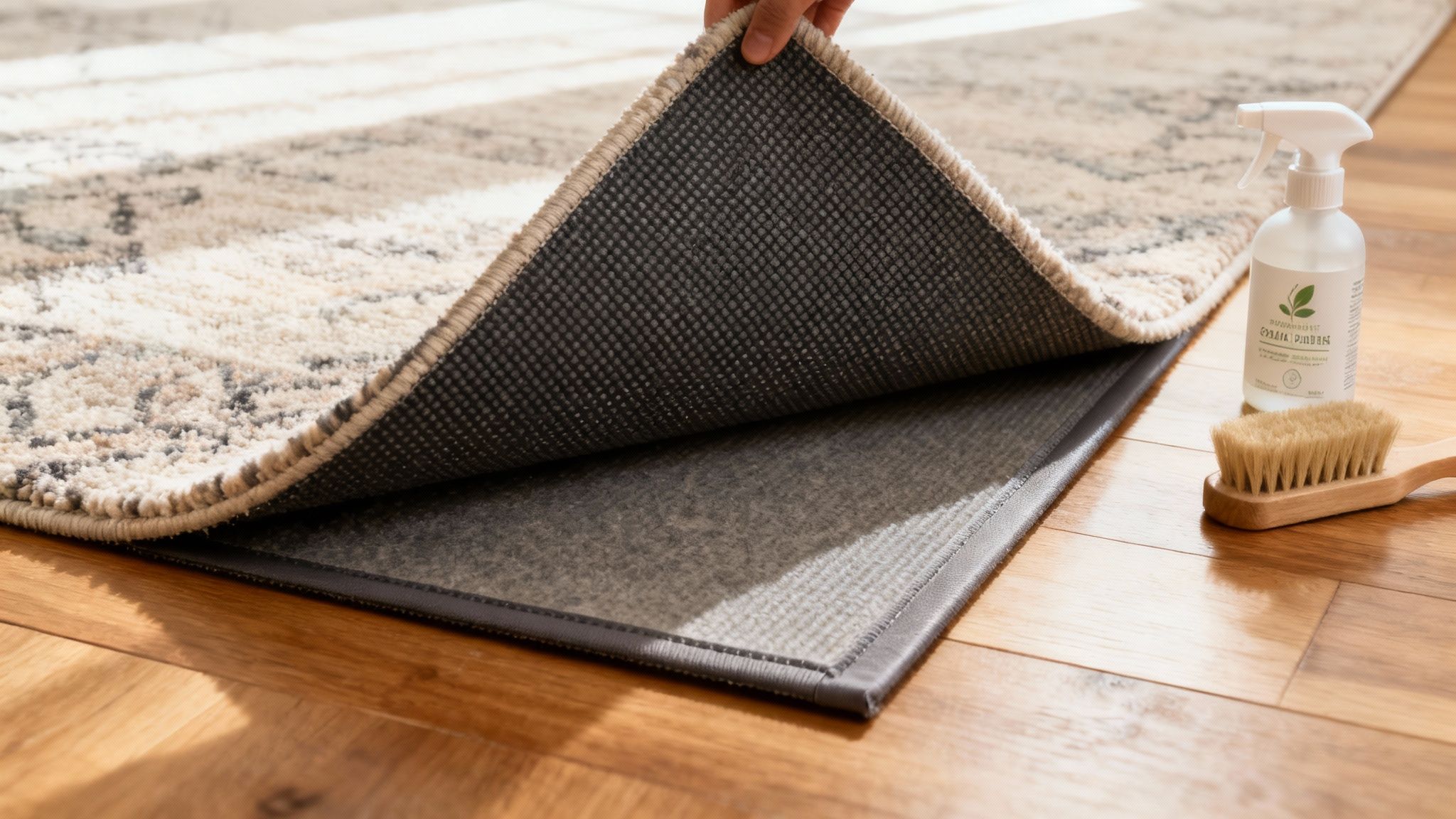 Hand lifting corner of area rug showing non-slip rug pad underneath on hardwood floor
