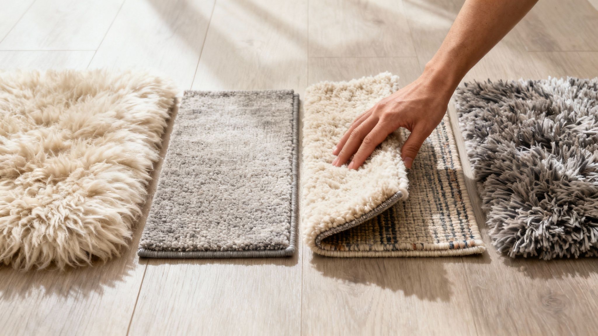 Hand touching various rug samples showing different textures and colors on wooden floor