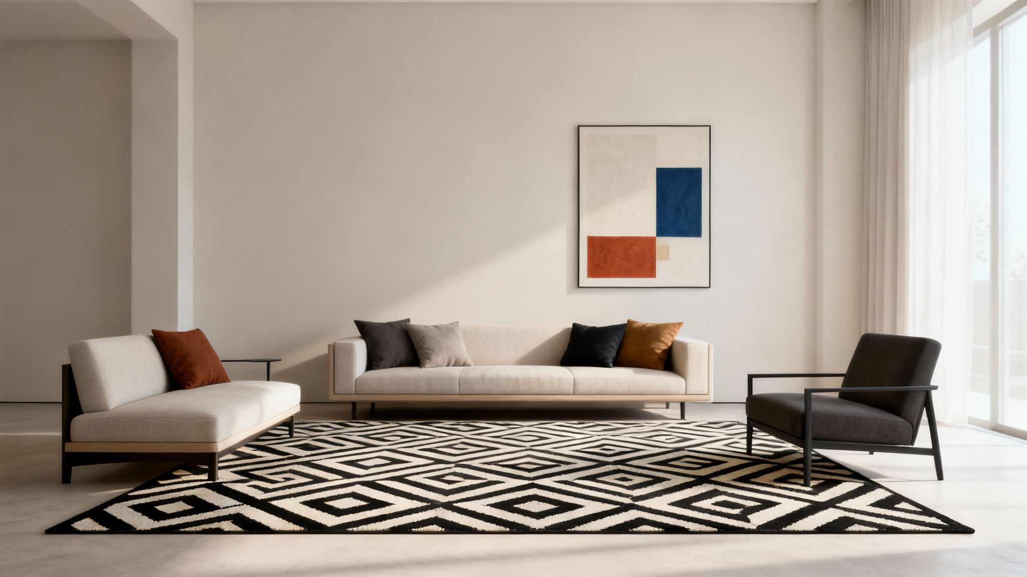 Modern minimalist living room featuring geometric black and white rug with beige sofa and abstract artwork