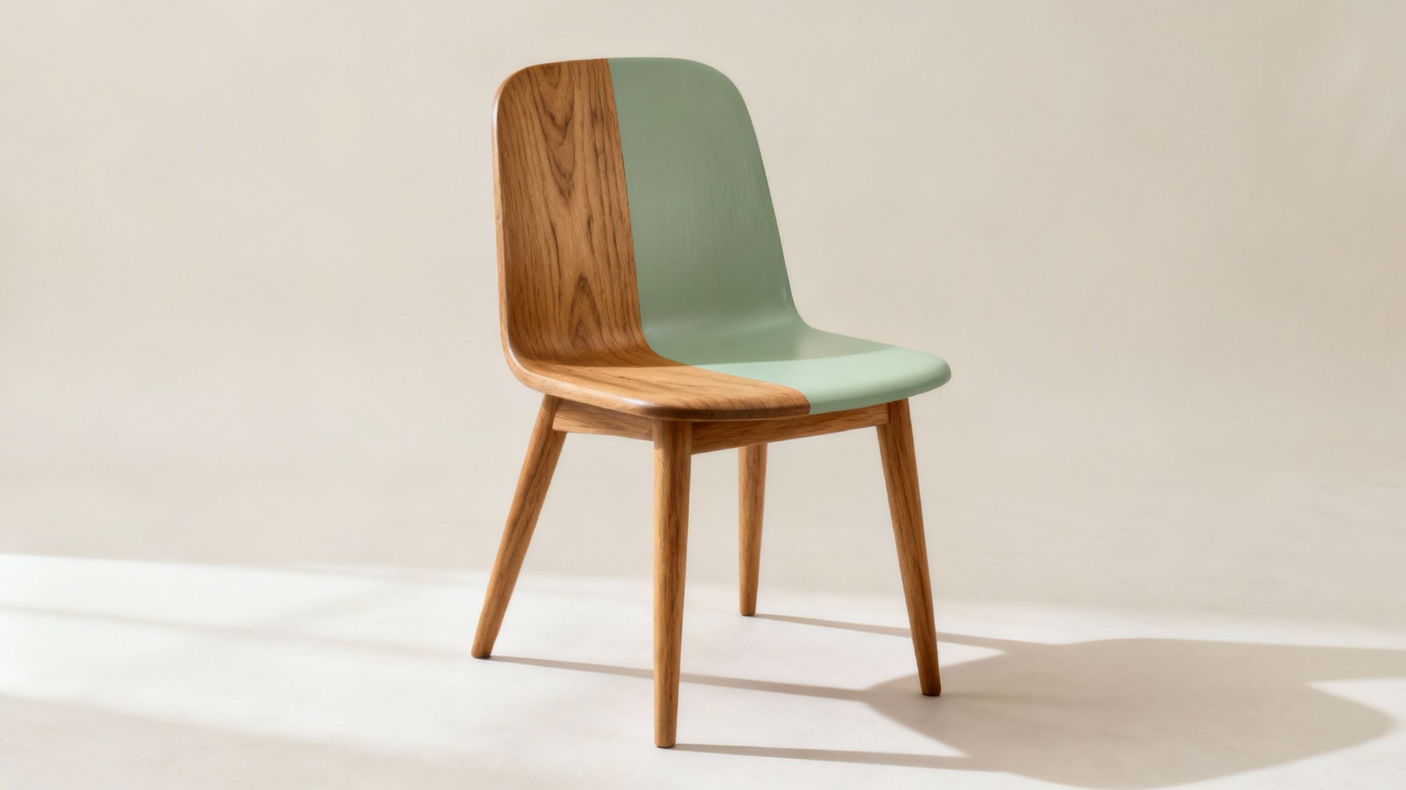 Modern dining chair with two-tone design featuring natural wood grain and sage green upholstery