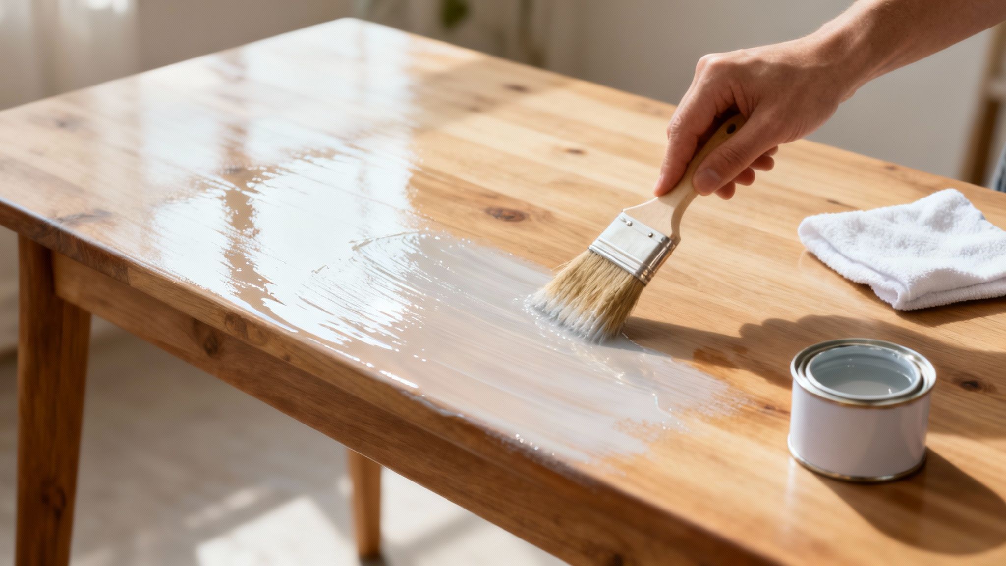 Hand applying white paint with brush on wooden furniture table during refinishing project