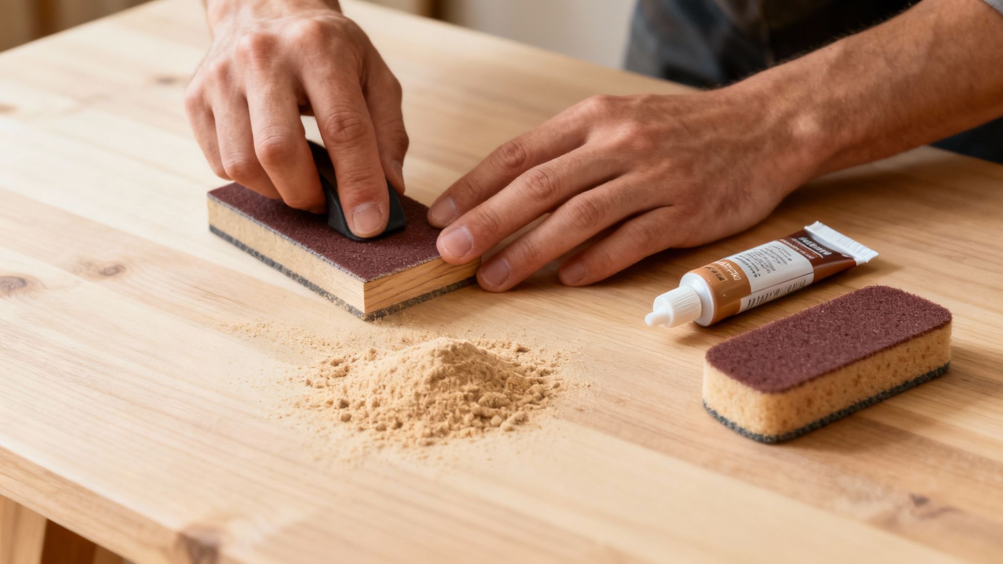 Hands sanding wooden furniture surface with sandpaper block creating fine dust particles