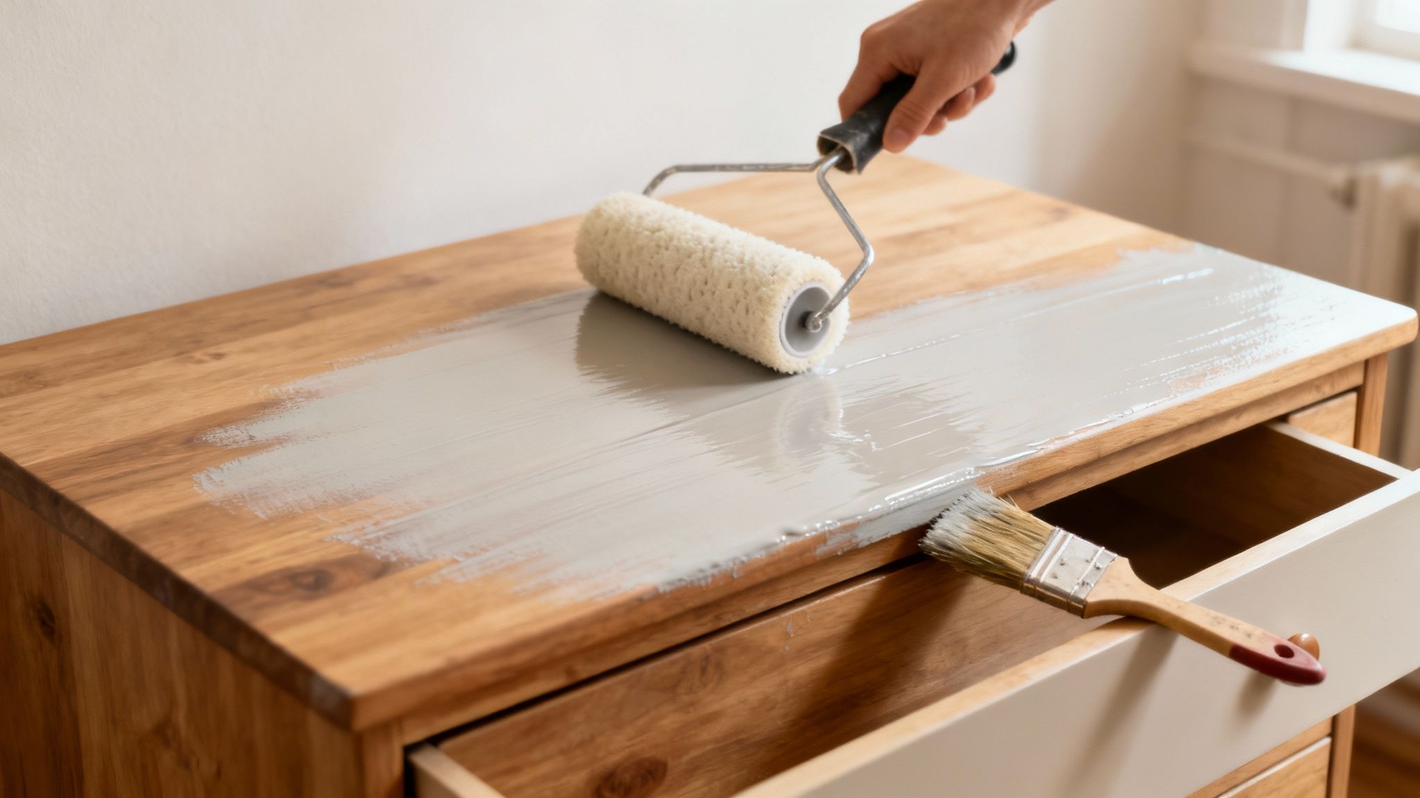 Person using paint roller to apply white paint on wooden furniture surface