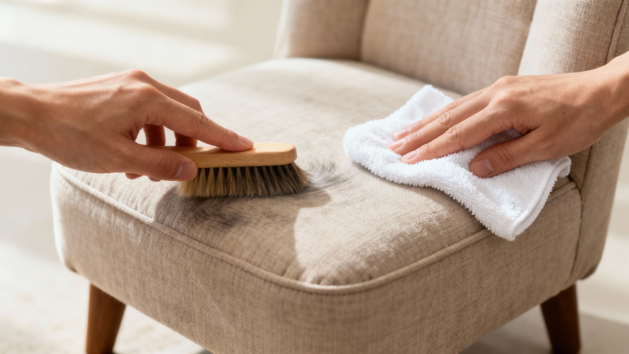Person cleaning beige upholstered chair cushion with soft brush and white microfiber cloth