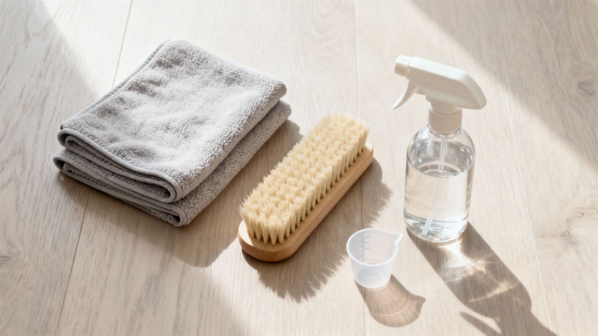 Cleaning supplies including gray microfiber cloths, natural bristle brush, and spray bottle on wooden floor