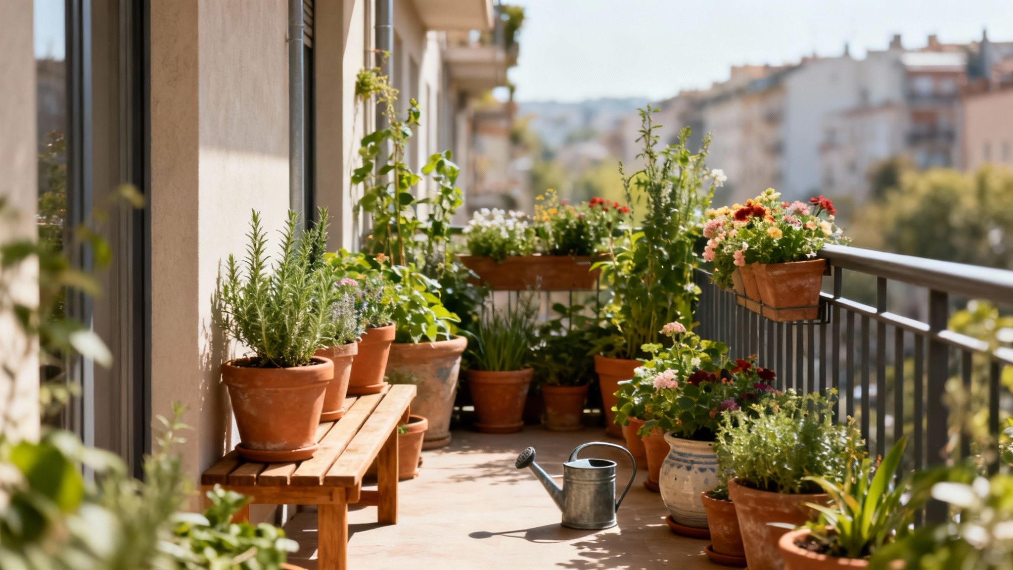 A sunny balcony garden filled with numerous potted plants, various flowers, a wooden bench, and a watering can.
