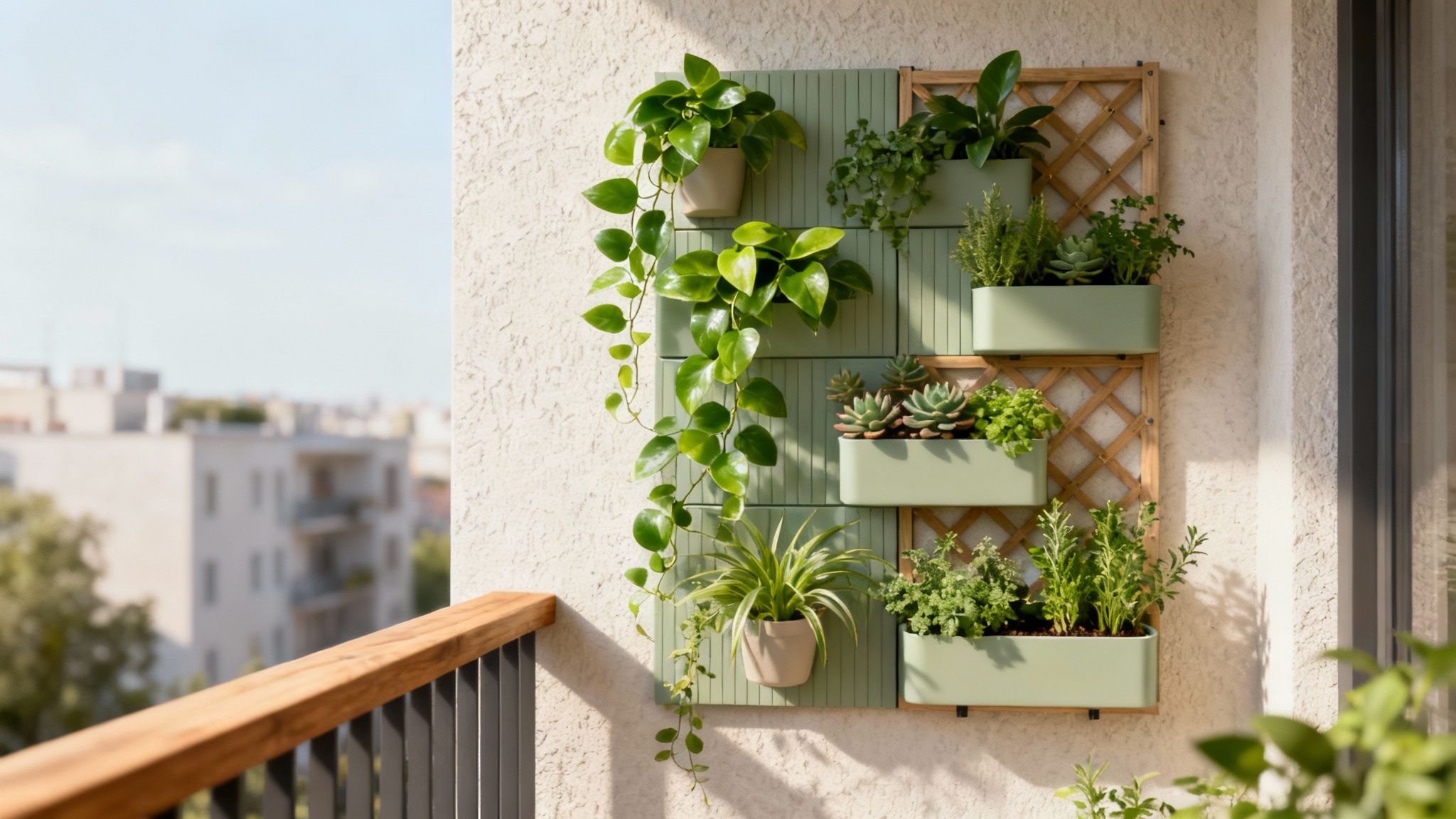 A vibrant vertical garden with diverse green plants in light green planters on a balcony wall.