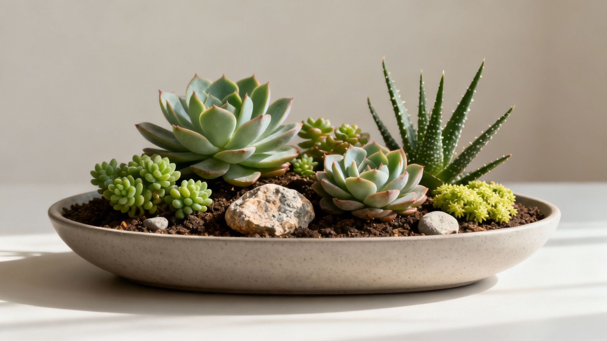 A beautiful succulent arrangement featuring various green plants and small rocks in a beige pot.