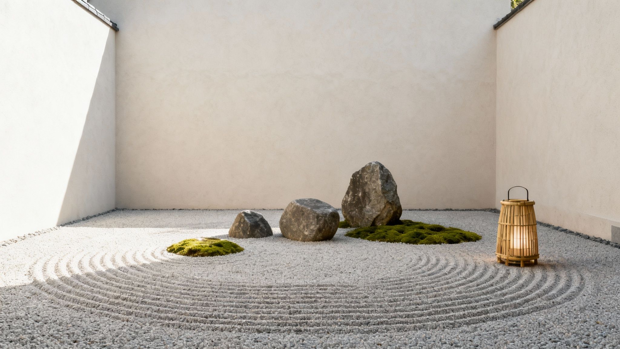 A peaceful Japanese rock garden featuring raaked white gravel, three large stones, green moss, and a bamboo lantern.