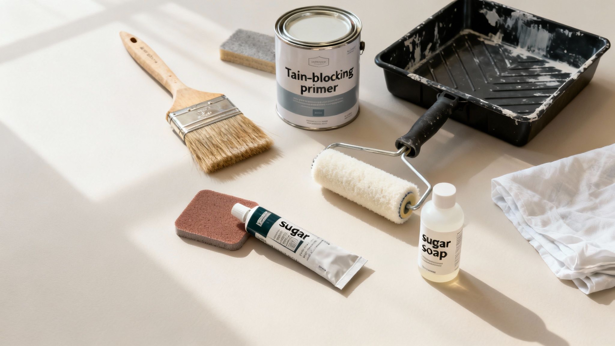 A flat lay of paint primer, brush, roller, tray, sanding sponges, sugar soap, and cloth.