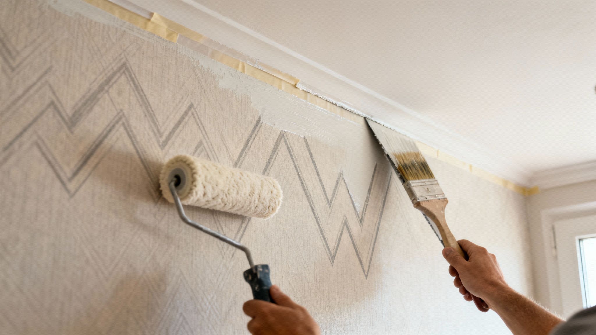 Hands painting a wall with light paint over existing zigzag wallpaper, using a roller and brush.