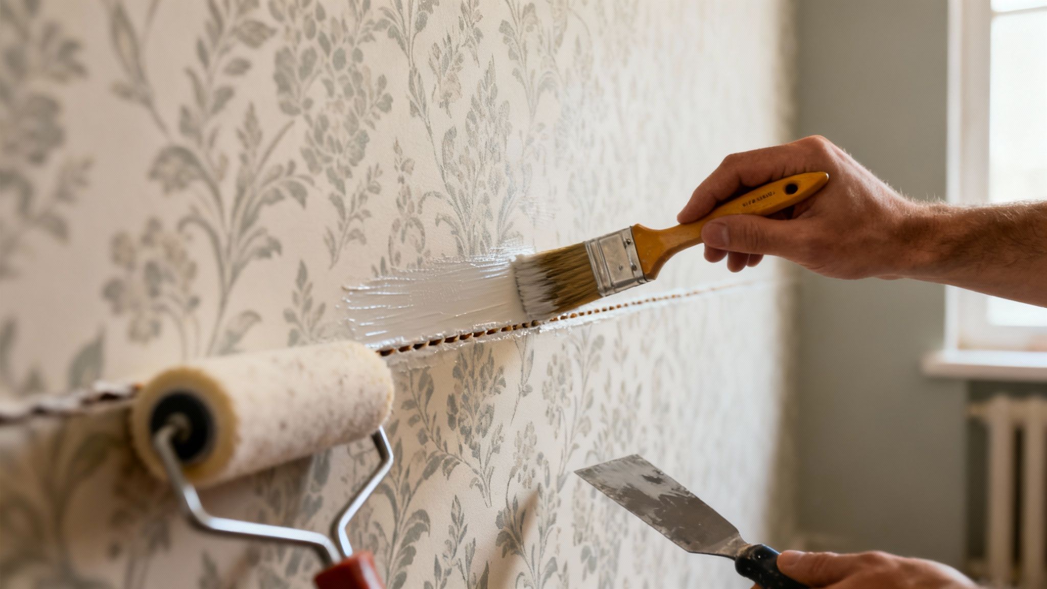 A person applies white paint over patterned wallpaper with a brush, preparing a wall for renovation.