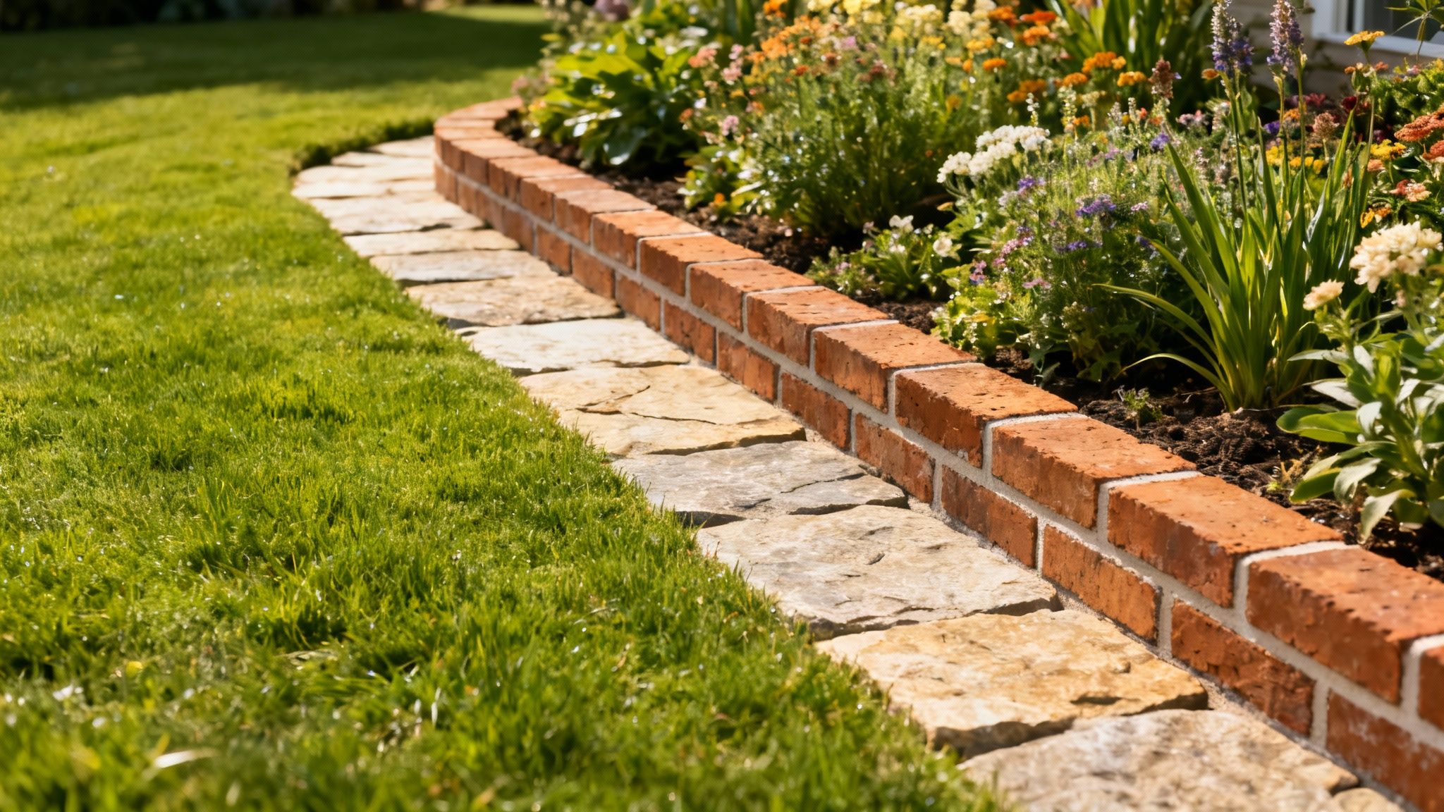 A vibrant green lawn next to a rustic stone path bordered by a neat red brick garden edging with colorful flowers in a sunny garden.