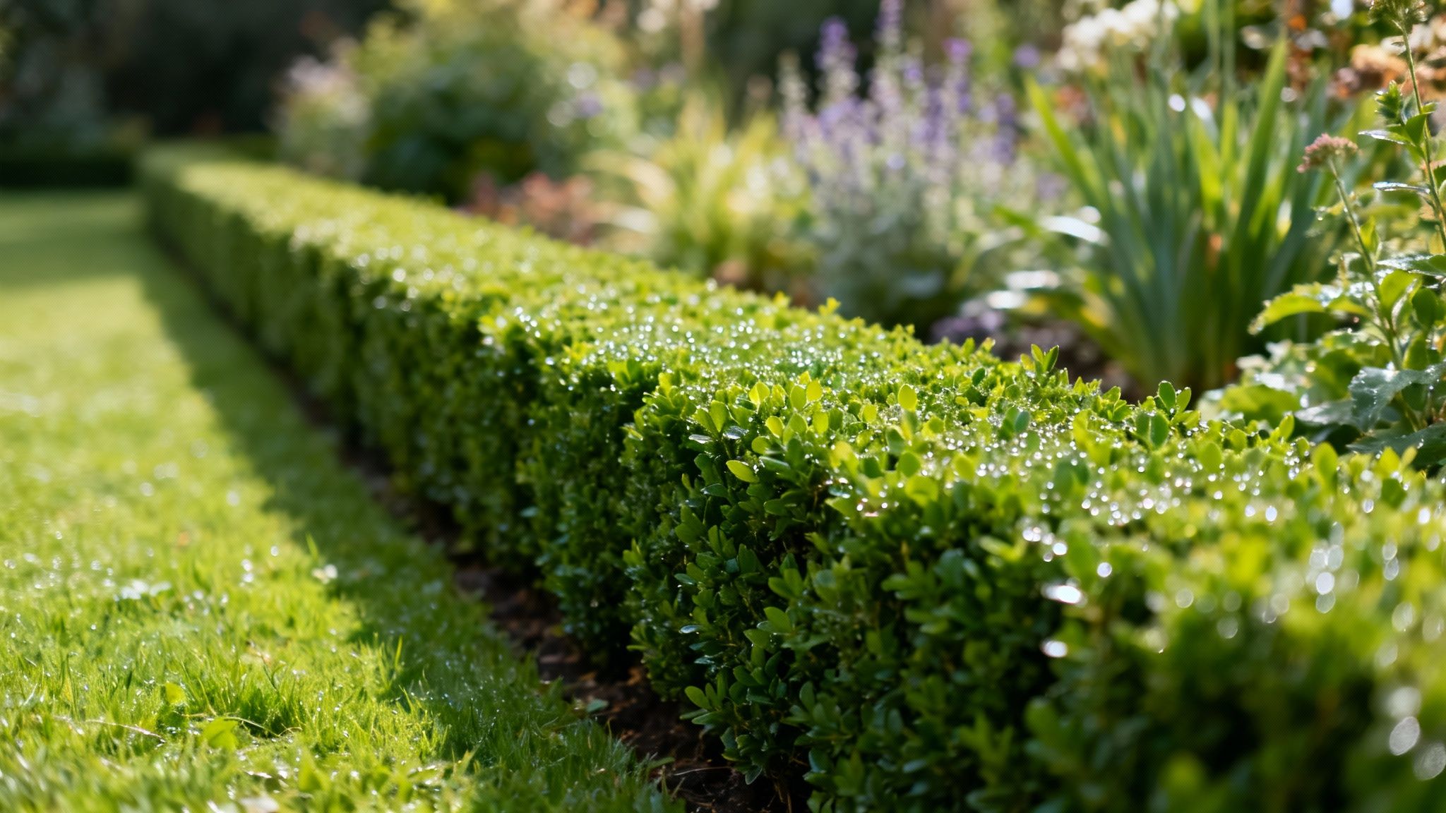 Lush green boxwood hedge with sparkling water droplets, bordering a manicured lawn in a sunlit garden.