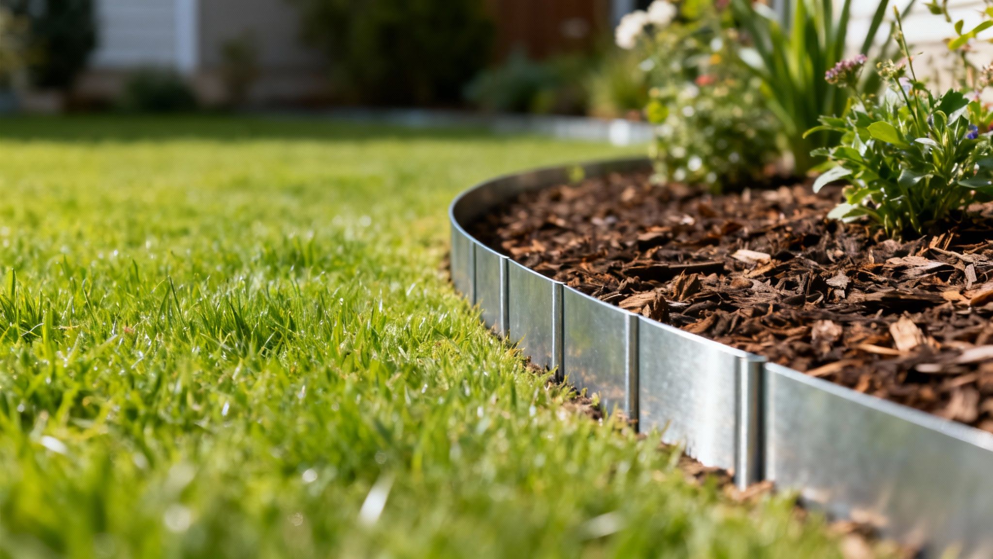 Close-up of a neatly trimmed green lawn with a curved metal garden edging separating it from a mulched flower bed.