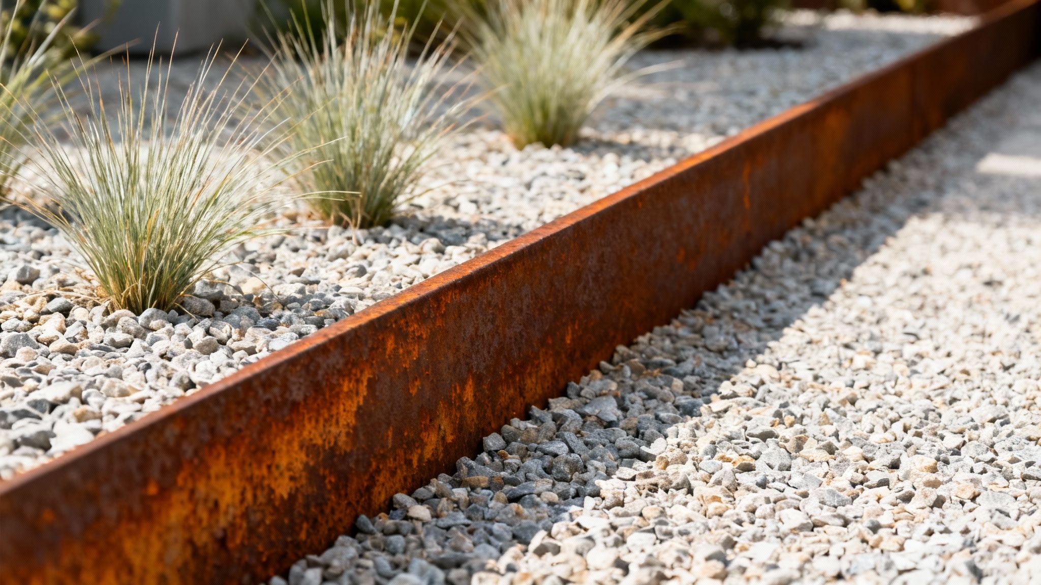 Close-up of weathered corten steel lawn edging between decorative gravel and ornamental grasses.