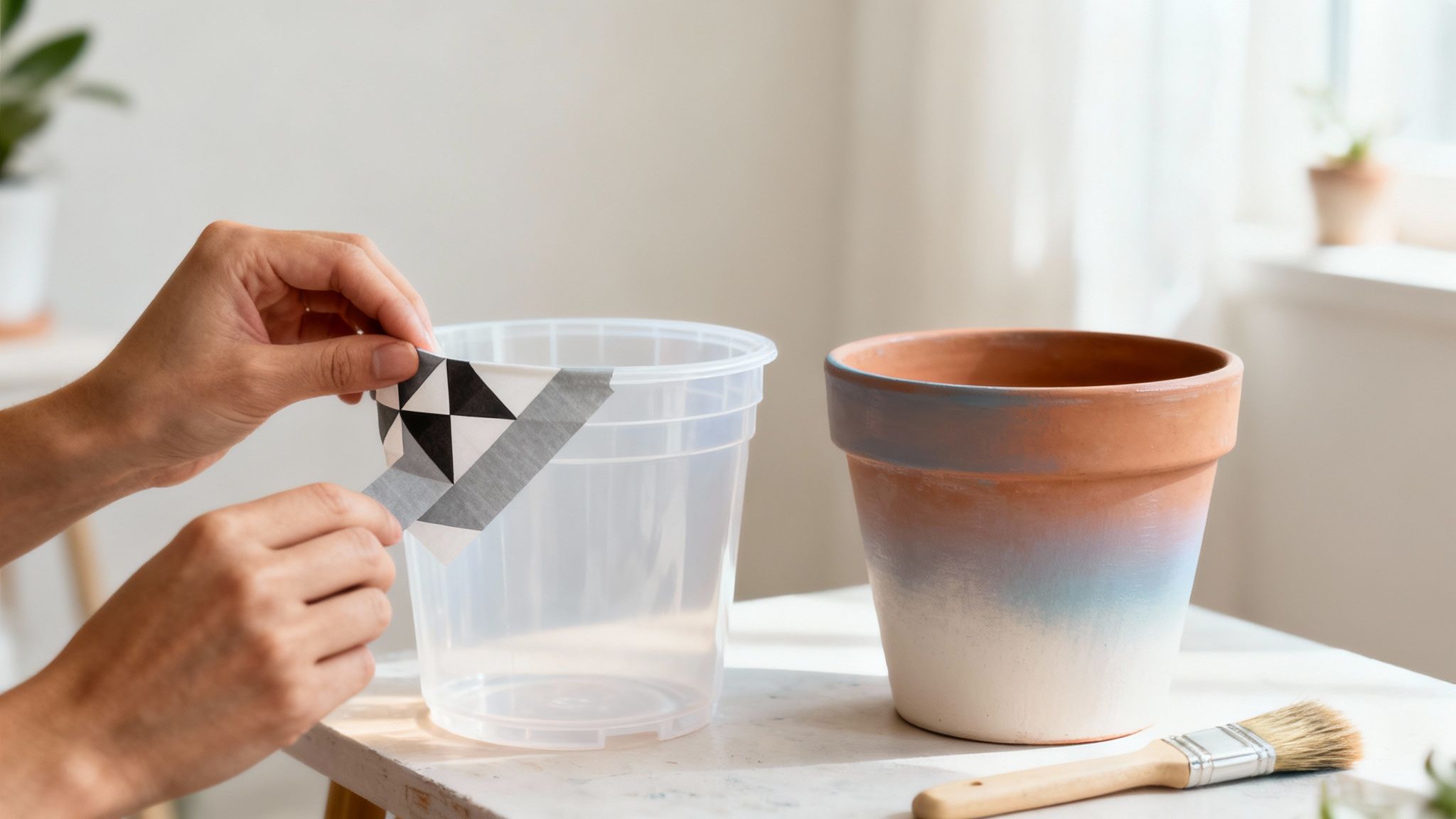 Hands applying geometric patterned tape to a plastic container next to a painted terracotta pot and paintbrush.