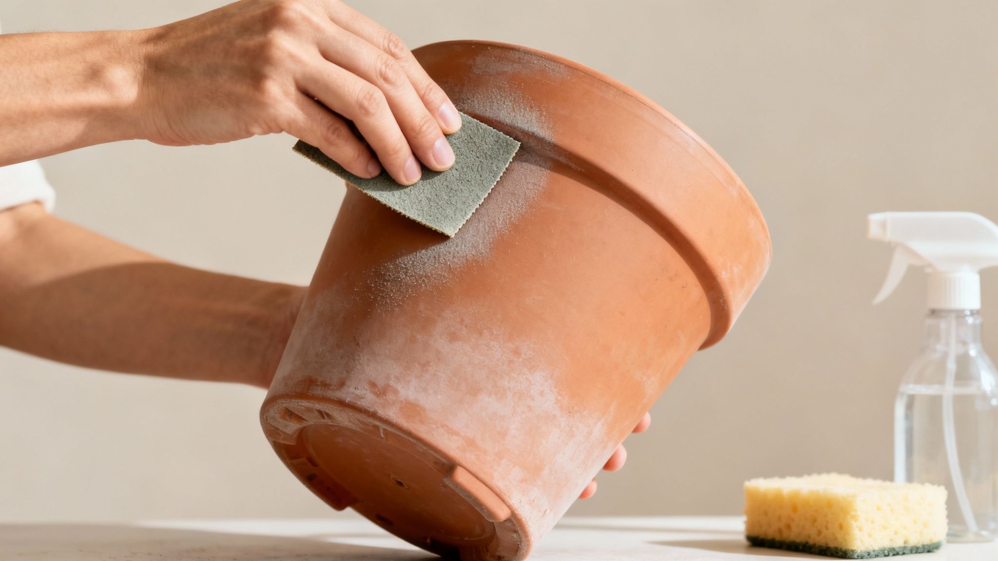Hands scrub a terracotta plant pot with a sponge, removing mineral deposits before painting.