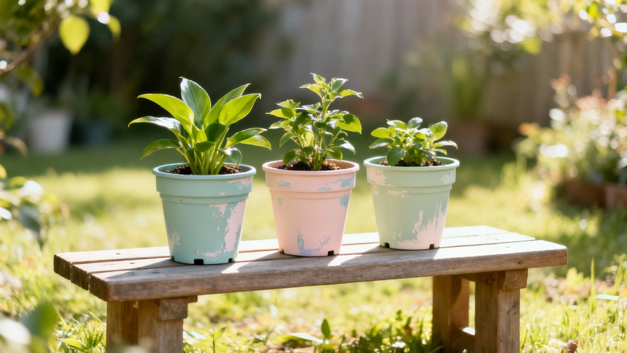 Three small green plants in painted pastel pots sit on a rustic wooden bench in a sunny garden.
