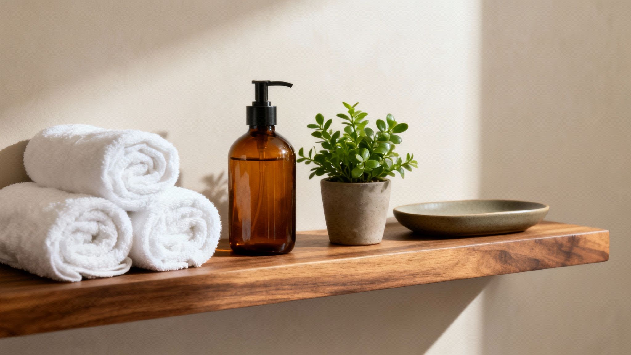 Spa essentials on a wooden shelf: rolled white towels, amber soap bottle, green plant, and ceramic dish.