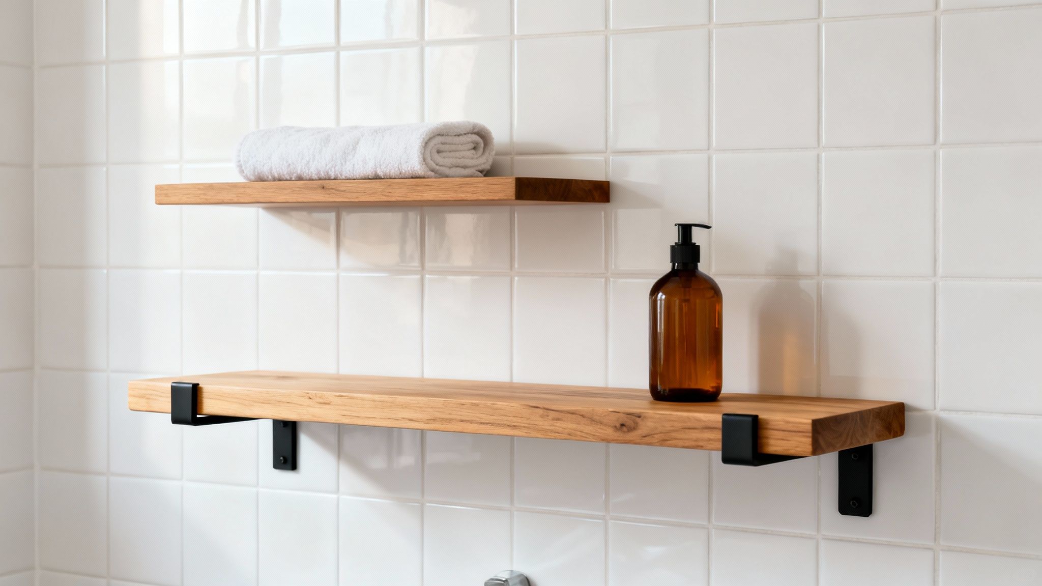 Two wooden shelves with a rolled white towel and an amber soap dispenser in a bathroom.