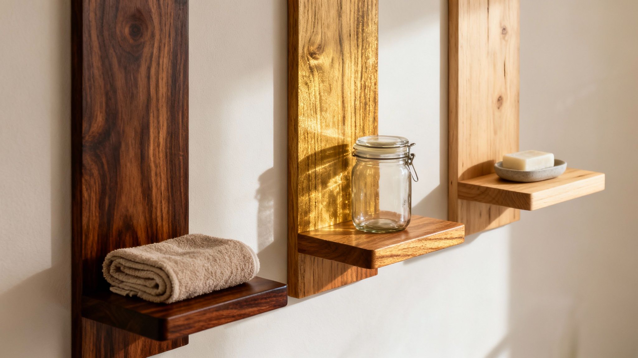 Close-up of three wall-mounted wooden shelves displaying a towel, an empty glass jar, and a bar of soap.