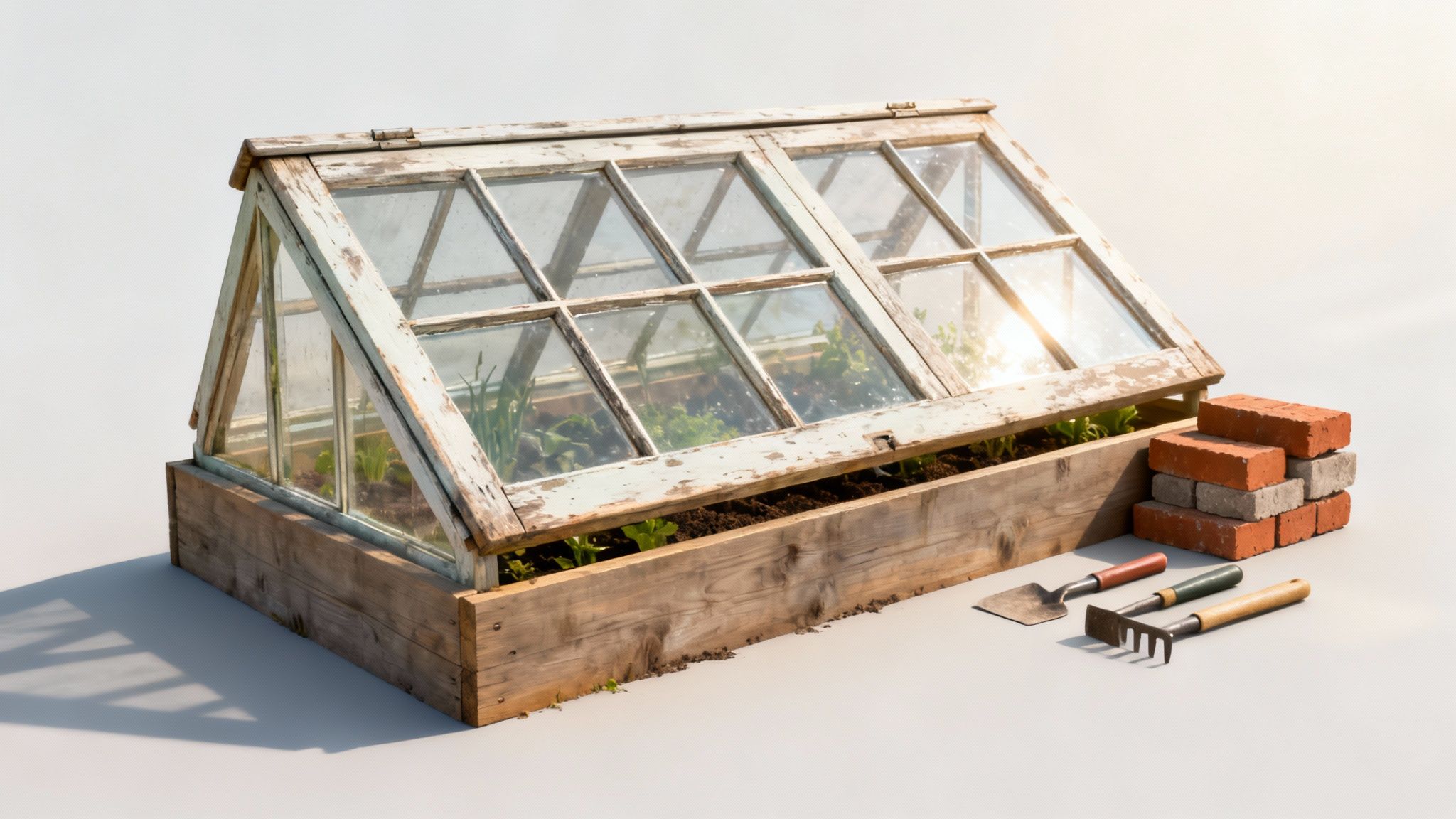 A DIY cold frame greenhouse made from old windows, filled with growing plants, alongside gardening tools and bricks.