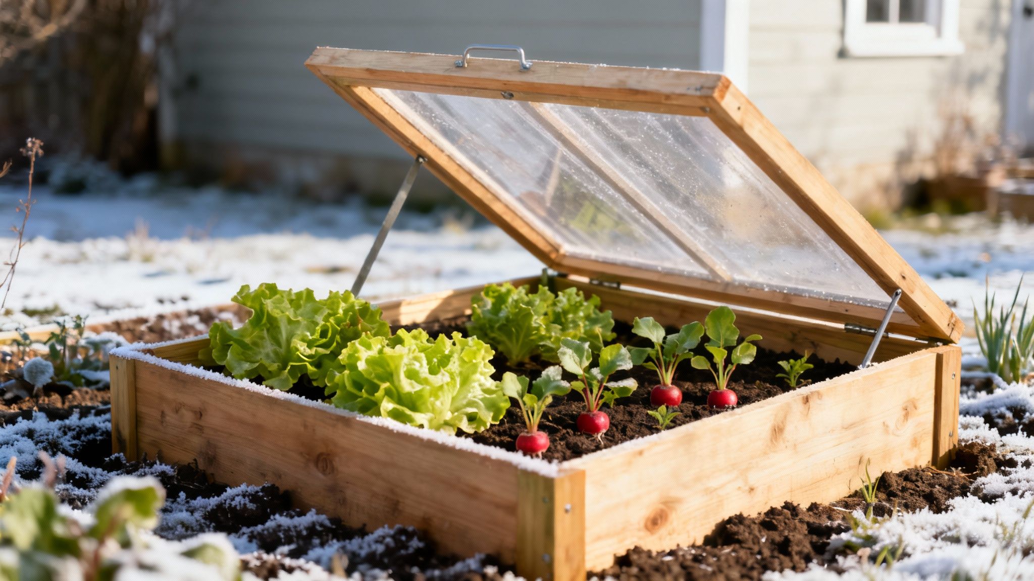 An open wooden cold frame in a snowy garden protecting fresh green lettuce and red radishes.