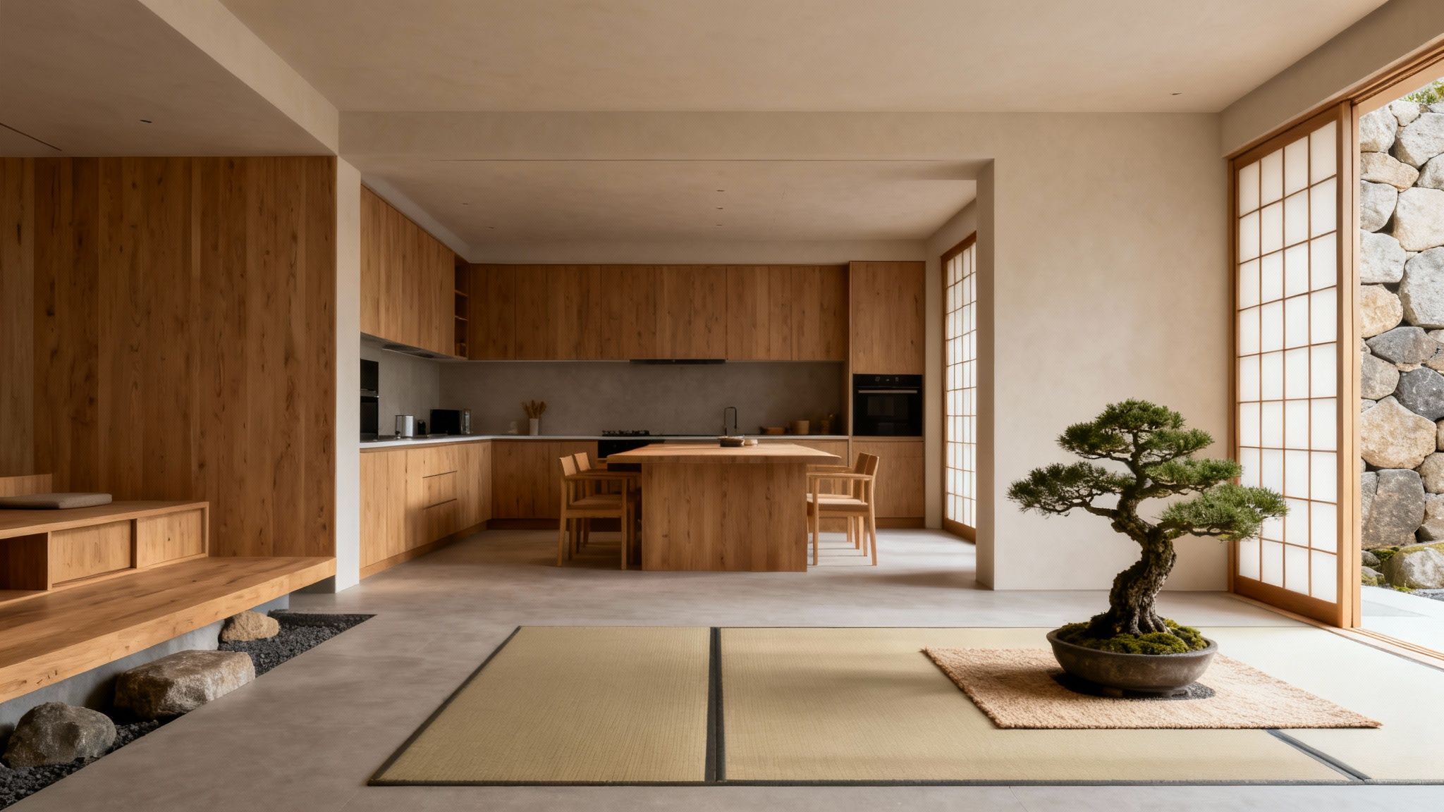 A modern open-plan kitchen and living space featuring natural wood, shoji screens, and a prominent bonsai tree.