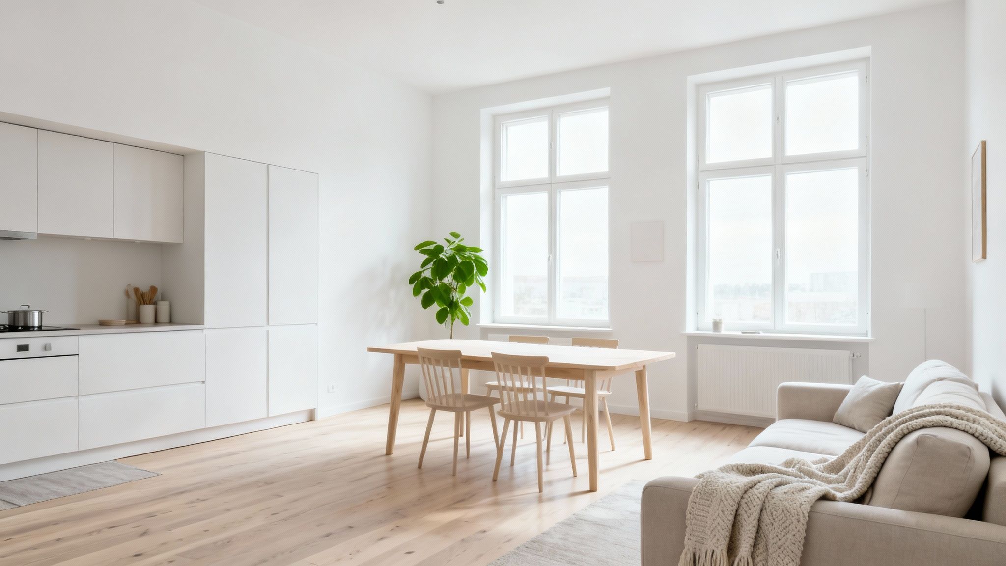 A bright, minimalist open-plan kitchen and living area with a wooden dining table and a beige sofa.