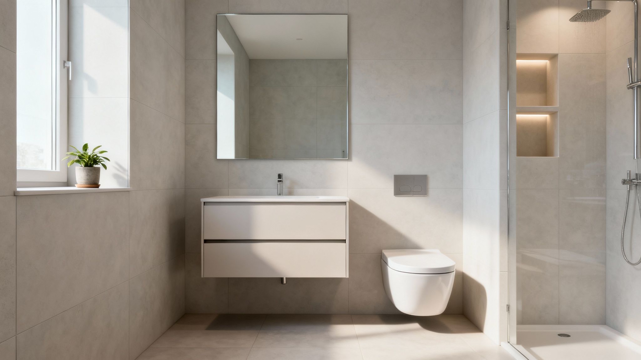Bright, minimalist bathroom featuring a floating vanity, wall-mounted toilet, walk-in shower, and window plant.