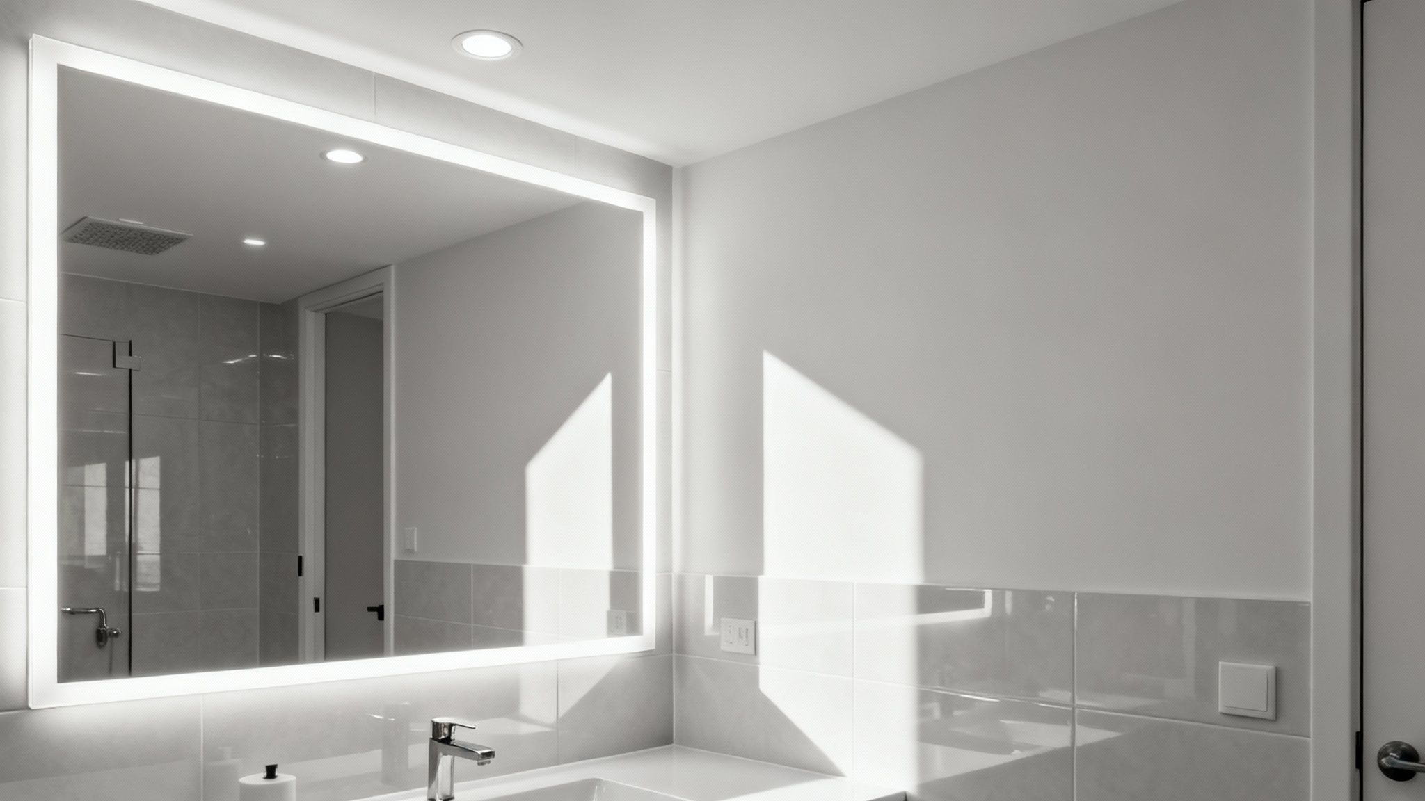 A modern, bright bathroom with an illuminated mirror above a white sink and light gray tiles.