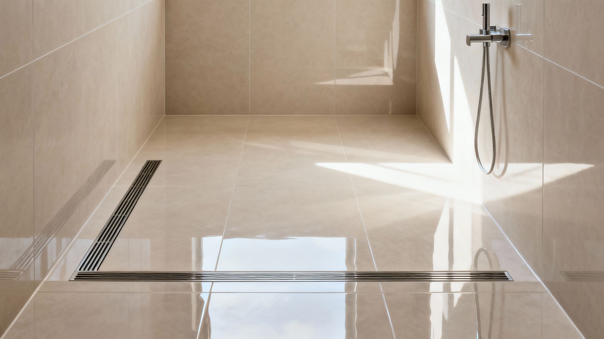 Modern tiled shower with linear drains, a shower head, and bright sunlight reflections.