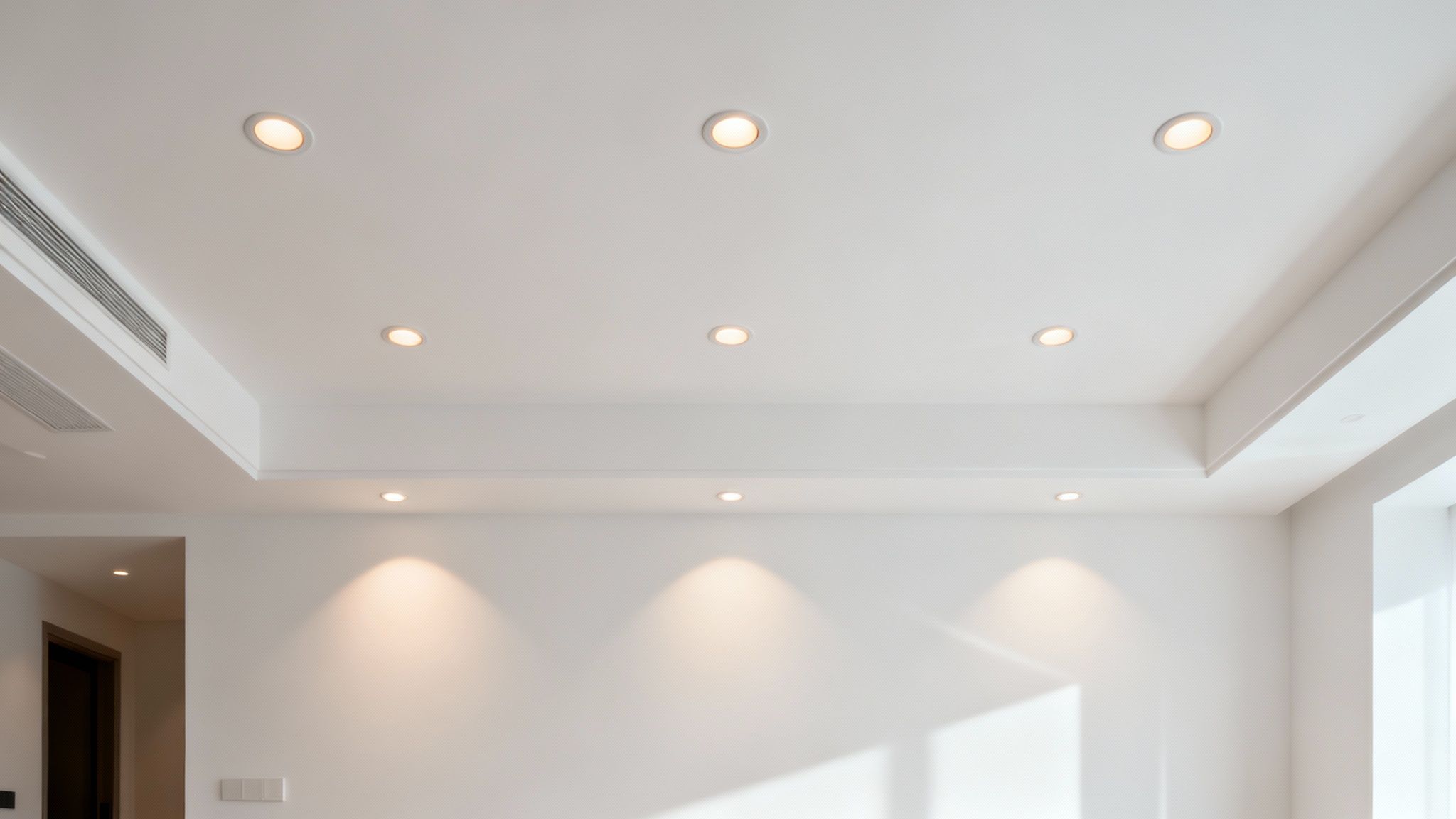 Modern white room featuring multiple recessed ceiling lights providing warm, ambient illumination.