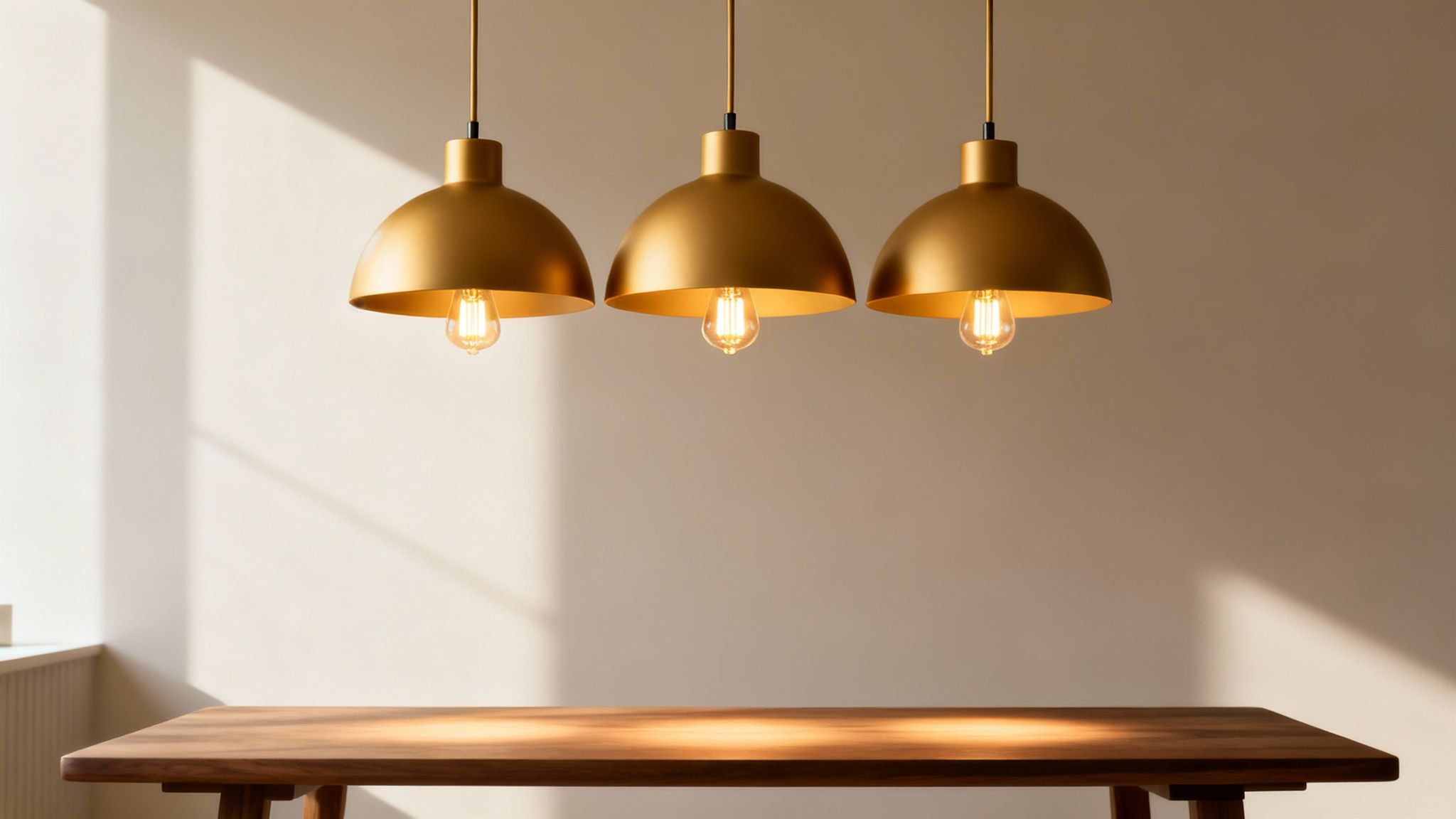 Three golden pendant lights illuminate a wooden table in a minimalist room with warm lighting.