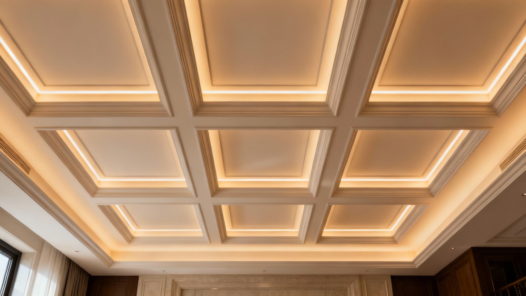 Modern coffered ceiling featuring recessed square panels and warm, inviting indirect LED lighting.