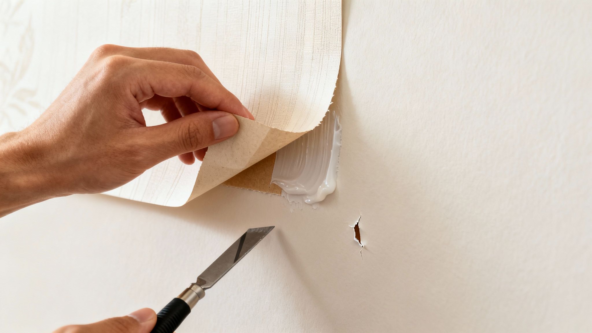 A person's hand peels back old wallpaper, revealing adhesive and a small hole on the wall, with a scraper.