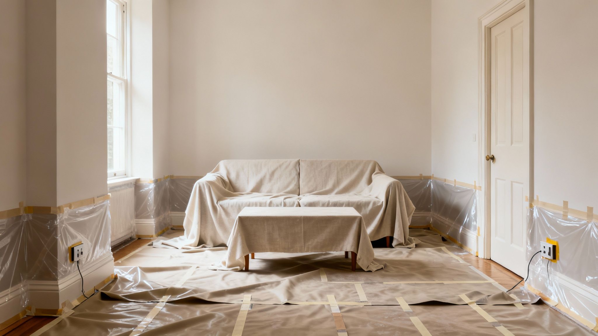Interior room prepared for painting, showing covered sofa, coffee table, and protected baseboards.