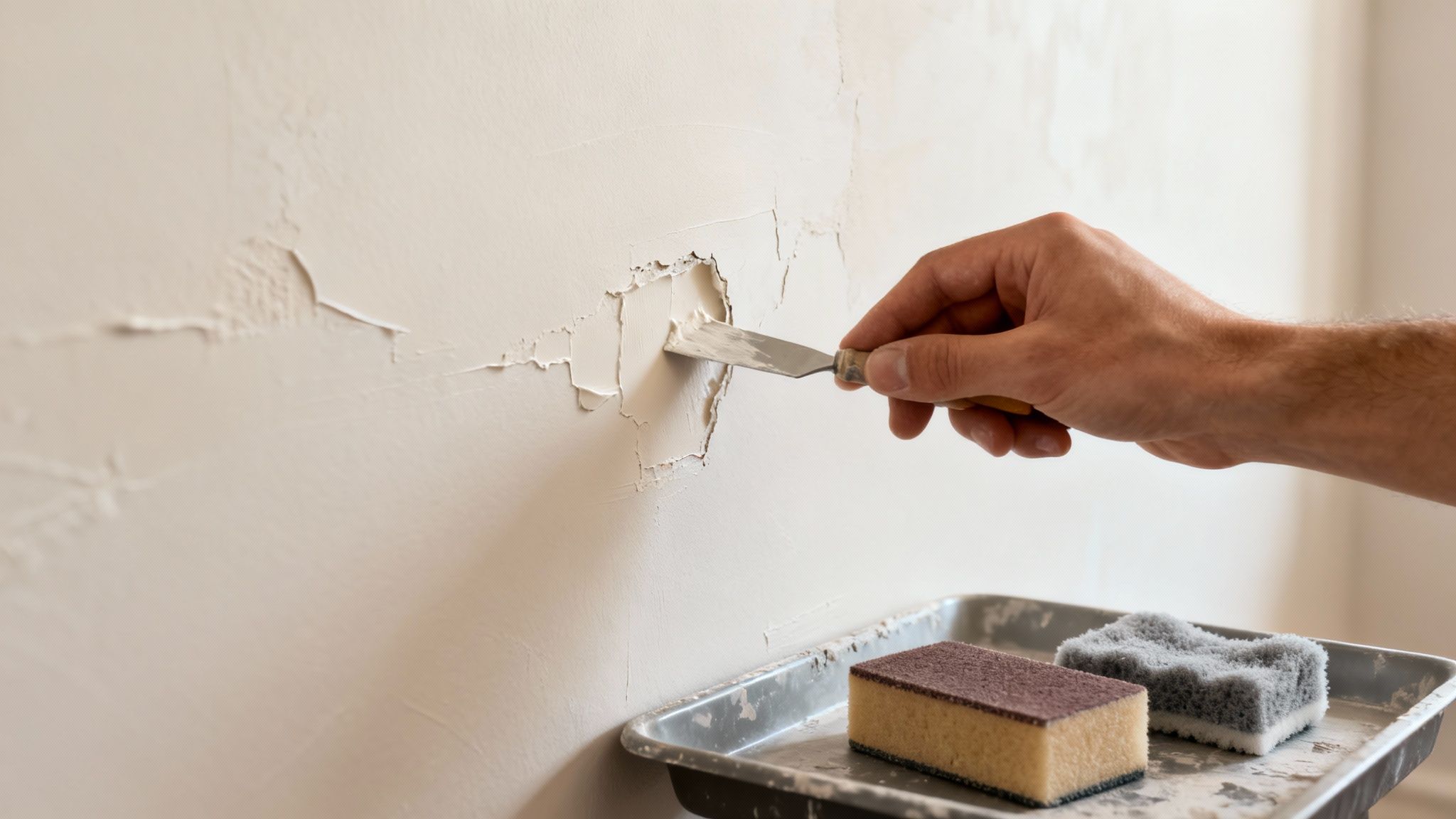 A hand uses a scraper to remove peeling paint from a wall during home renovation.