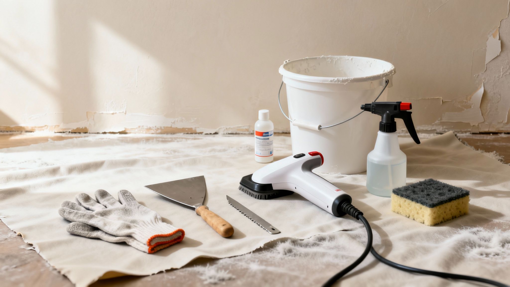 Essential tools like a steamer, scraper, and gloves for wallpaper removal on a drop cloth.