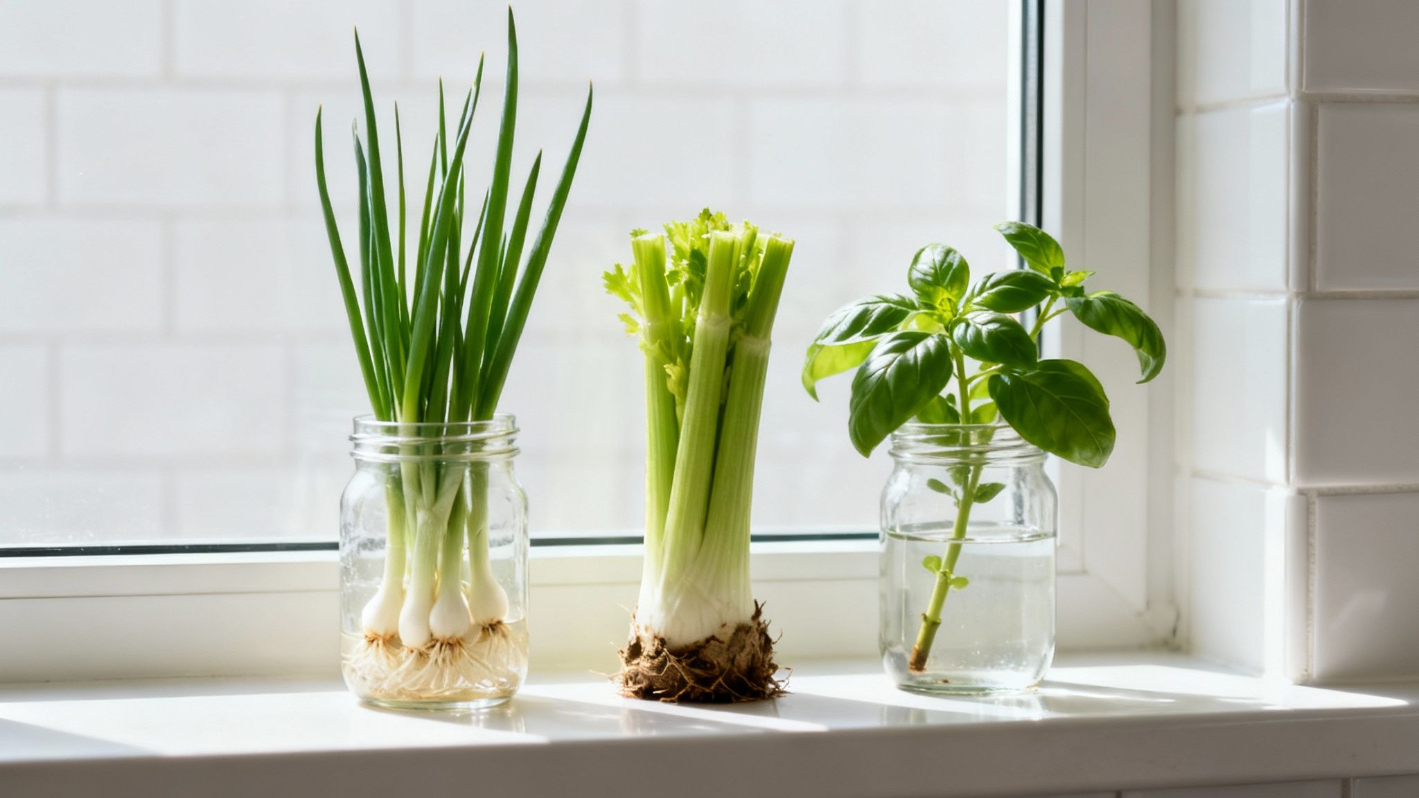 Various kitchen scraps like green onions, celery, and basil regrowing in water on a sunny windowsill.