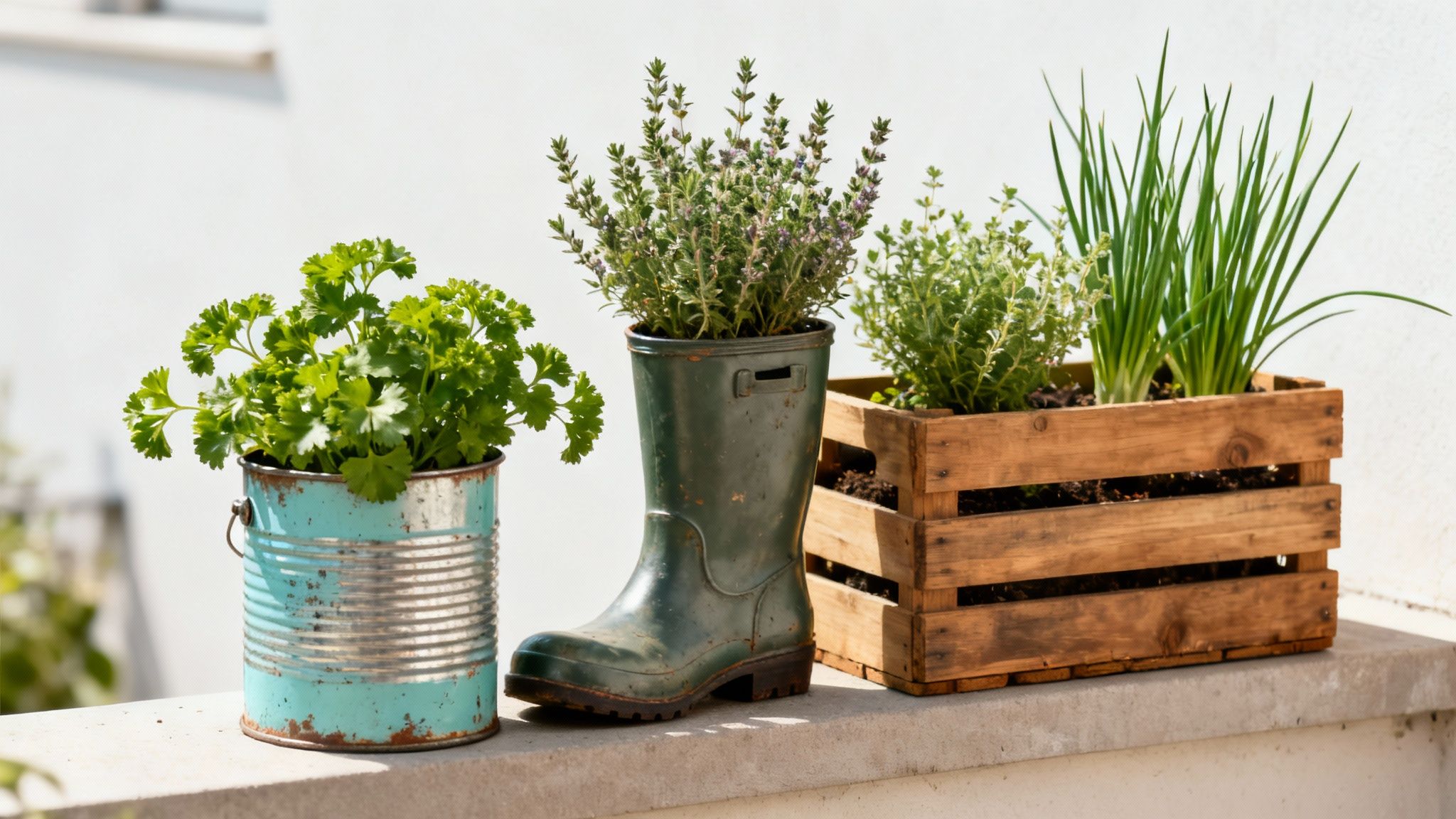 Container herb garden with parsley, thyme, and chives in recycled household items on a sunny ledge.
