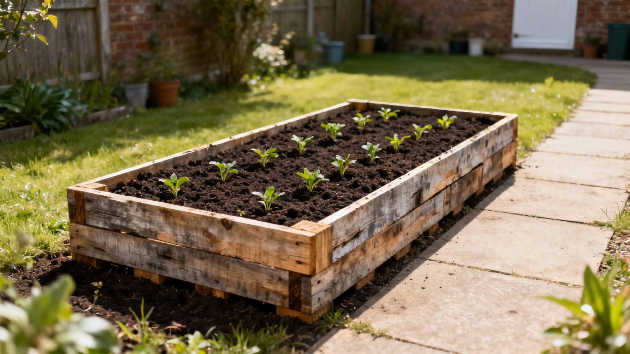 A raised garden bed made from wooden pallets with small green seedlings growing in rich soil.