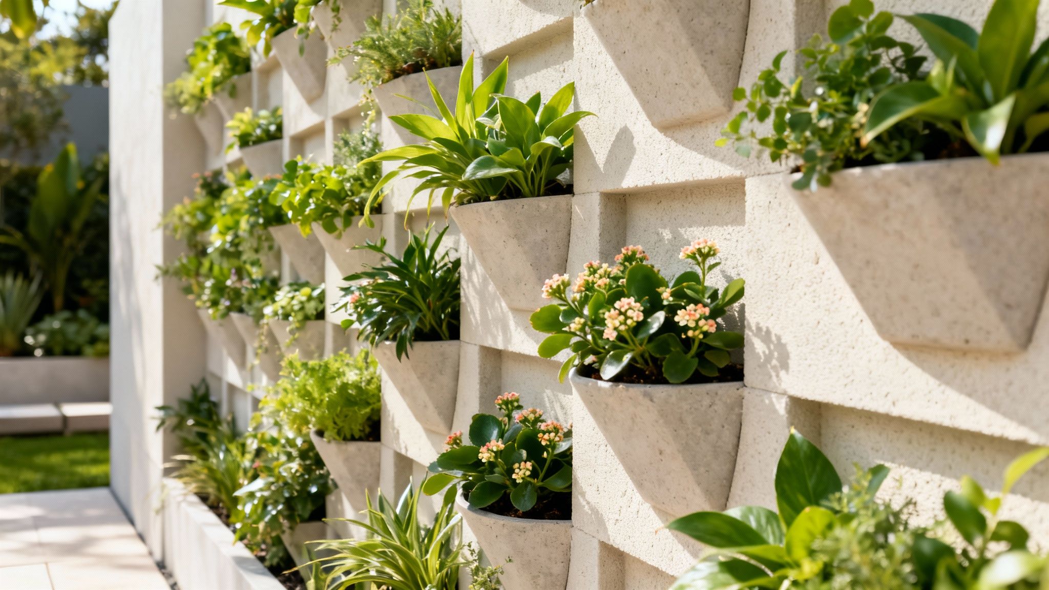 A modern outdoor patio features a large vertical garden wall filled with various green plants and small flowers.