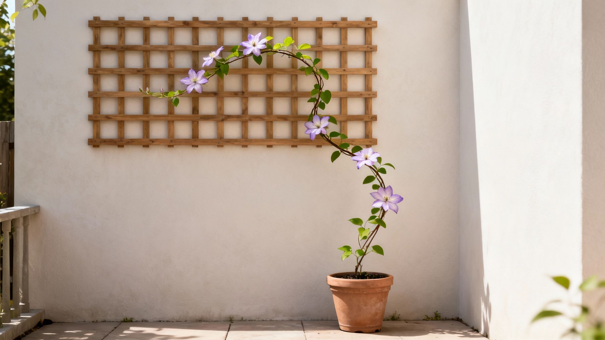 A vibrant purple clematis vine in a terracotta pot, trained on a wooden trellis against a white wall.