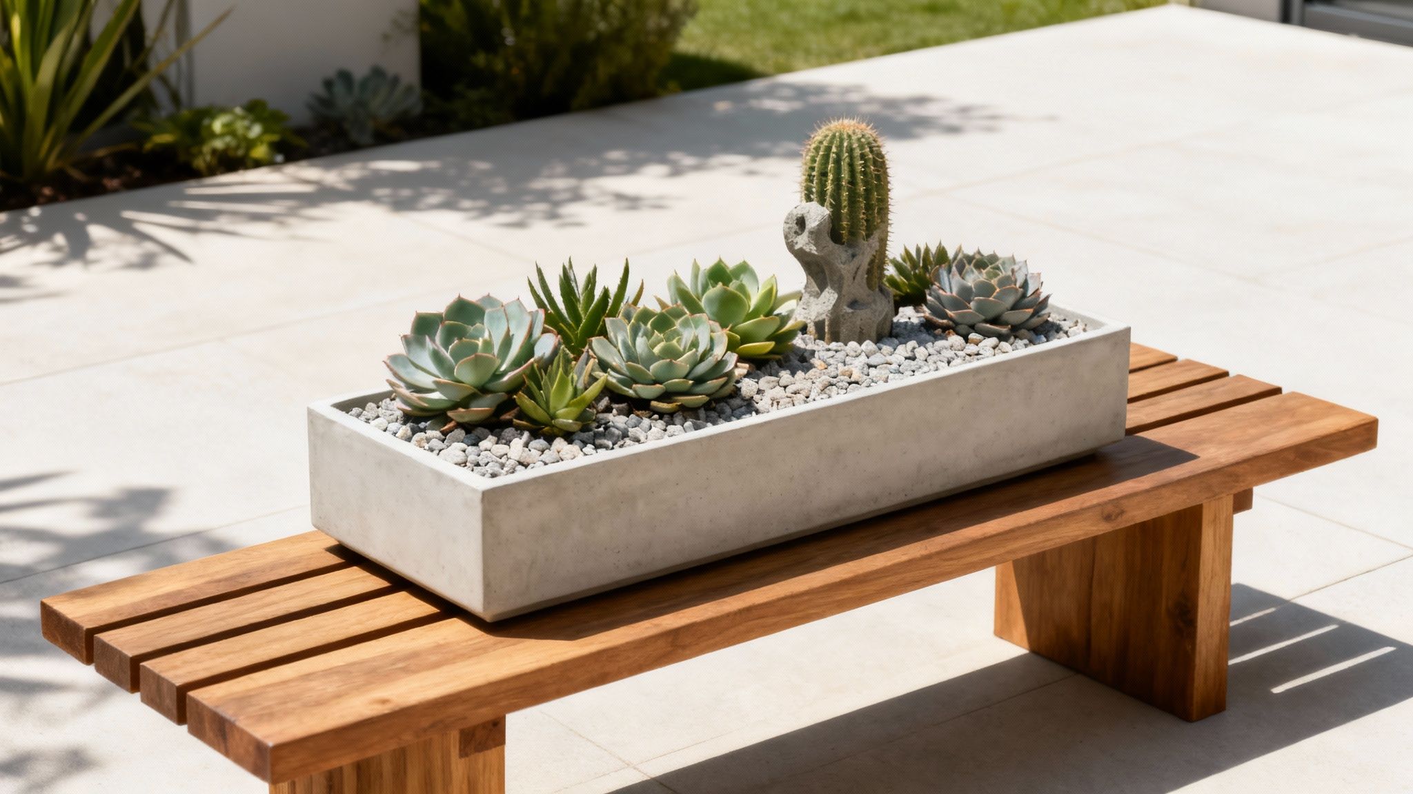 A modern concrete planter filled with various succulents and a cactus on a wooden bench in a sunny patio.